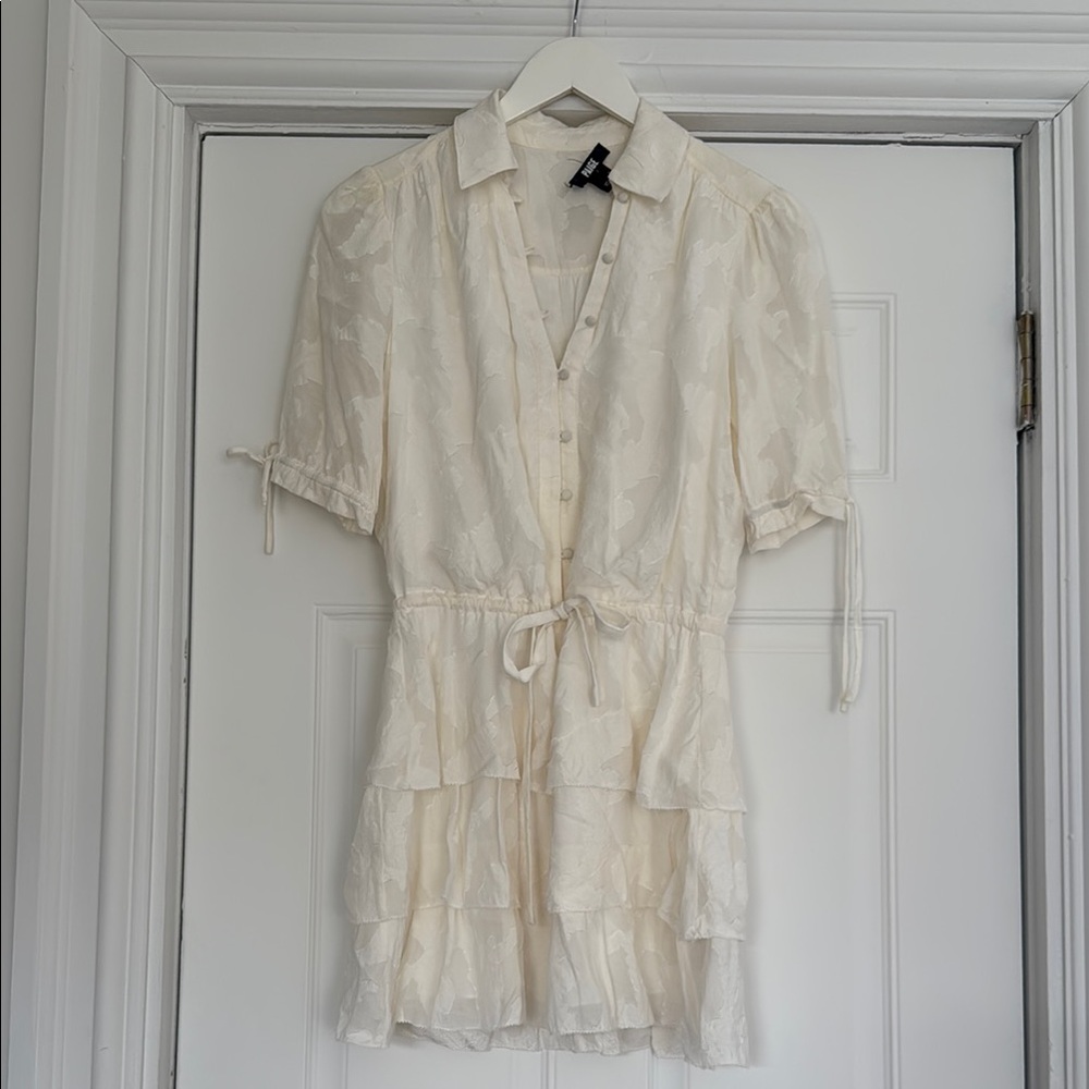 Paige White Floral Silk Button-Up Tiered Dress with Cinched Waist XS